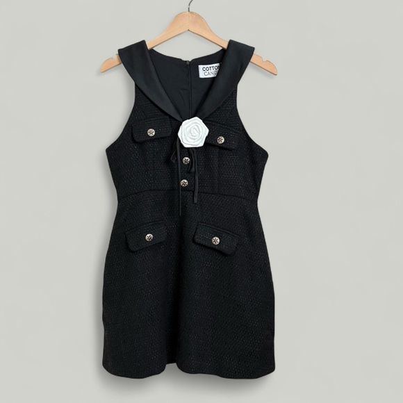 Black Tweed Dress Women Size Medium Floral Preppy Old Money Aesthetic Elegant - Picture 6 of 15